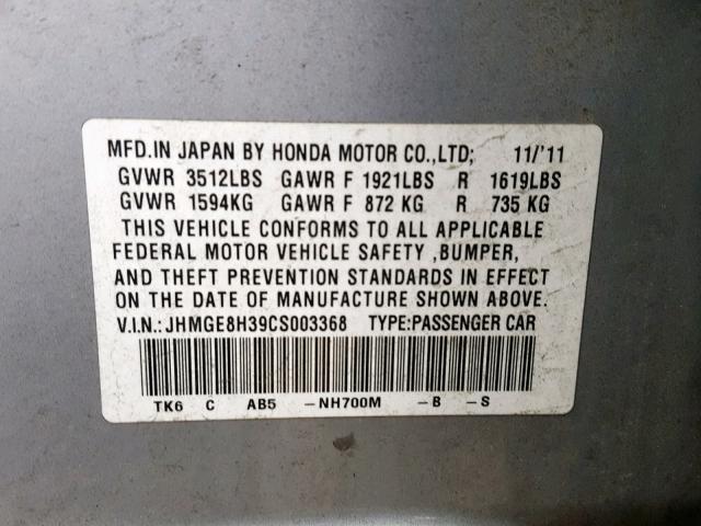 JHMGE8H39CS003368 - 2012 HONDA FIT SILVER photo 10