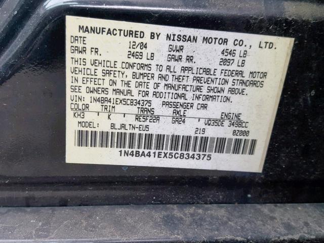 1N4BA41EX5C834375 - 2005 NISSAN MAXIMA SE BLACK photo 10