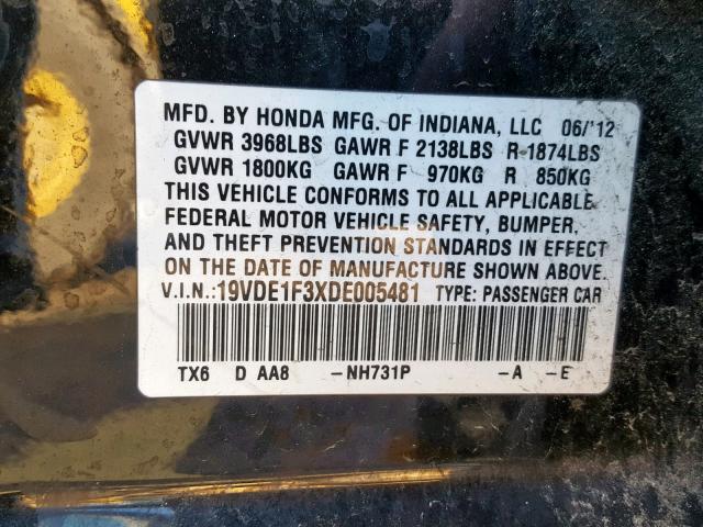 19VDE1F3XDE005481 - 2013 ACURA ILX 20 BLACK photo 10