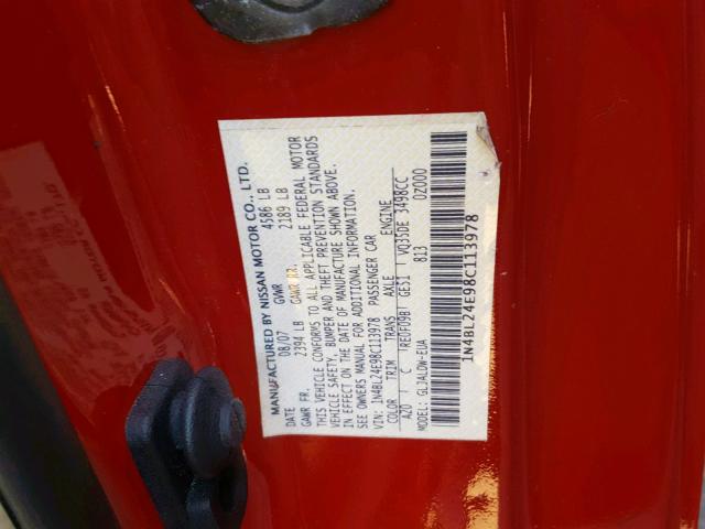 1N4BL24E98C113978 - 2008 NISSAN ALTIMA 3.5 RED photo 10