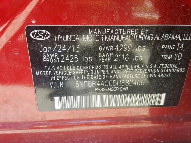 5NPEB4AC0DH682466 - 2013 HYUNDAI SONATA GLS RED photo 10