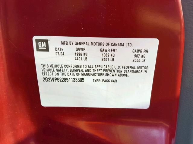 2G2WP522851133395 - 2005 PONTIAC GRAND PRIX BURGUNDY photo 10