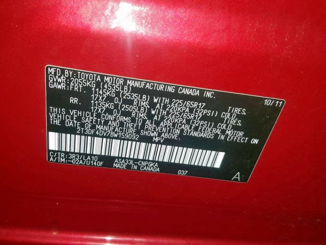 2T3DF4DV7BW159092 - 2011 TOYOTA RAV4 LIMIT RED photo 10