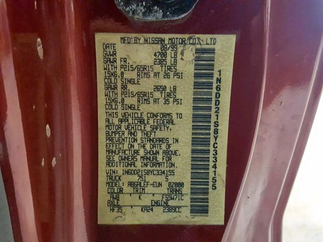 1N6DD21S8YC334155 - 2000 NISSAN FRONTIER X RED photo 10