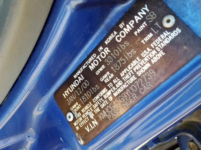 KMHCG45G9YU072739 - 2000 HYUNDAI ACCENT GL BLUE photo 10