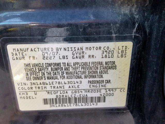 3N1AB61E78L630143 - 2008 NISSAN SENTRA 2.0 BLACK photo 10