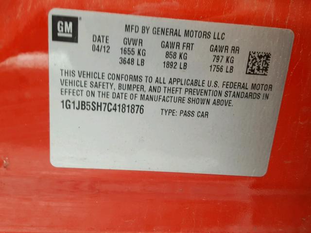 1G1JB5SH7C4181876 - 2012 CHEVROLET SONIC LS 红色 照片 10