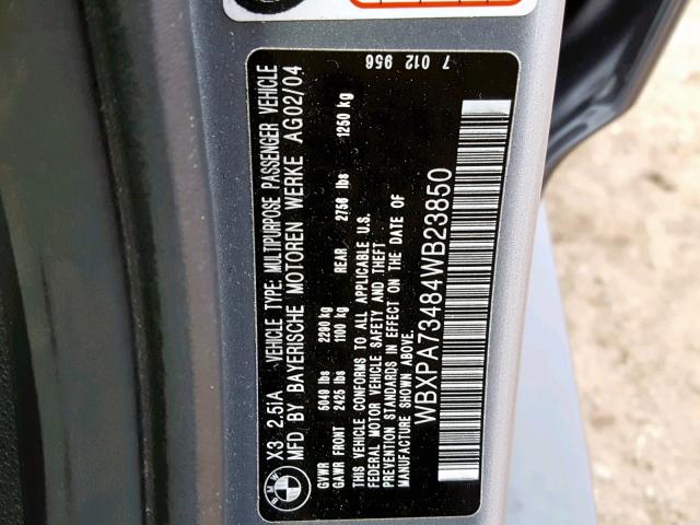 WBXPA73484WB23850 - 2004 BMW X3 2.5I GRAY photo 10