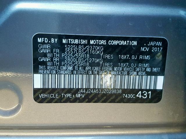 JA4J24A53JZ029838 - 2018 MITSUBISHI OUTLANDER GRAY photo 10