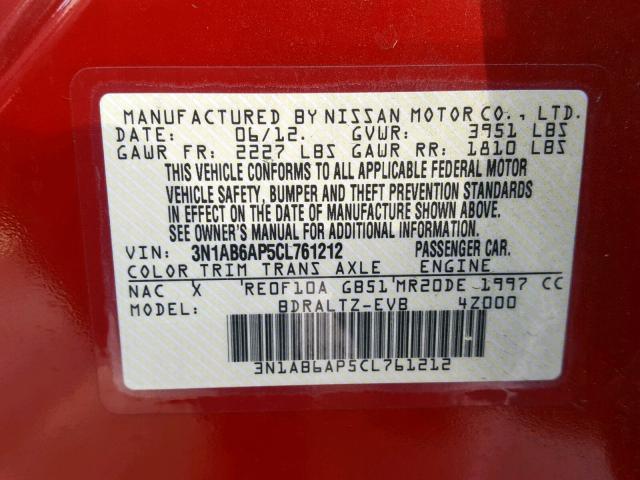 3N1AB6AP5CL761212 - 2012 NISSAN SENTRA 2.0 RED photo 10