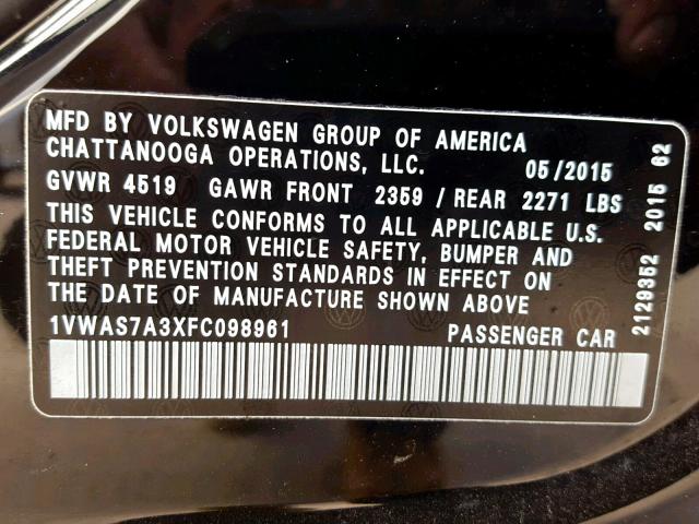 1VWAS7A3XFC098961 - 2015 VOLKSWAGEN PASSAT S BLACK photo 10