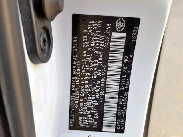 4T1BK1EBXDU072451 - 2013 TOYOTA AVALON BAS 白色 照片 10