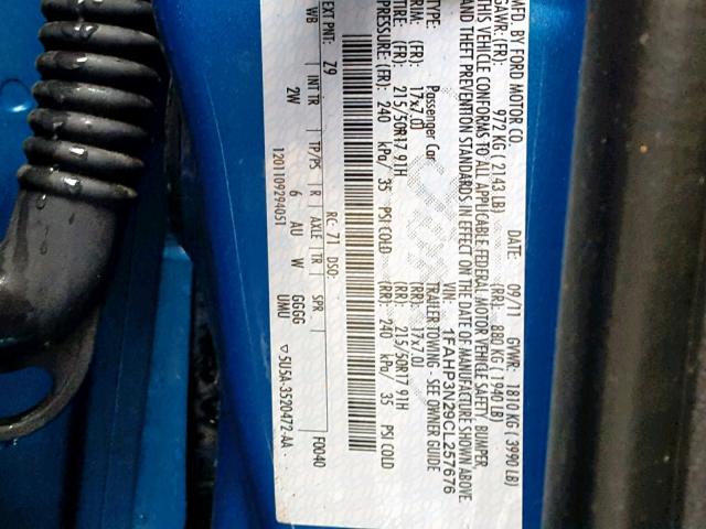 1FAHP3N29CL257676 - 2012 FORD FOCUS TITA BLUE photo 10