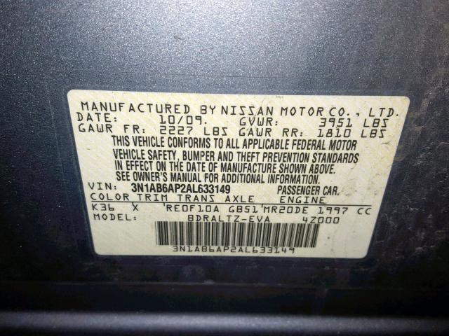 3N1AB6AP2AL633149 - 2010 NISSAN SENTRA 2.0 SILVER photo 10