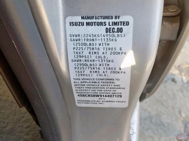 4S6CK58W914407129 - 2001 HONDA PASSPORT E SILVER photo 10