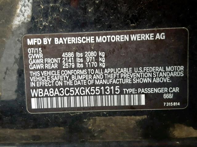 WBA8A3C5XGK551315 - 2016 BMW 320 XI BLACK photo 10