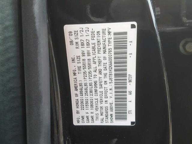 5J8TB1H2XAA000765 - 2010 ACURA RDX BLACK photo 10