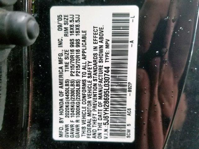 5J6YH28695L030744 - 2005 HONDA ELEMENT EX BLACK photo 10