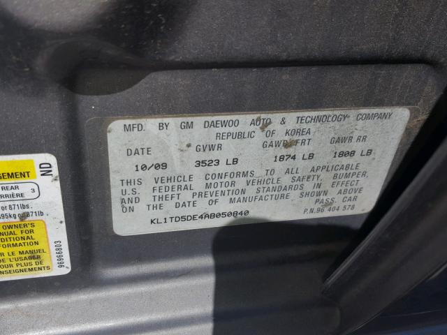 KL1TD5DE4AB050840 - 2010 CHEVROLET AVEO LS GRAY photo 10