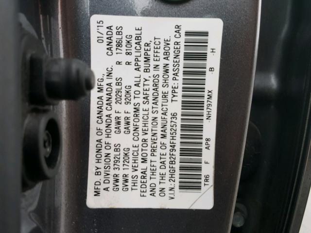 2HGFB2F94FH525736 - 2015 HONDA CIVIC EXL GRAY photo 10