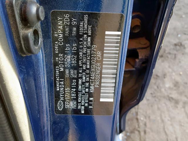 KMHCT4AEXGU021779 - 2016 HYUNDAI ACCENT SE BLUE photo 10