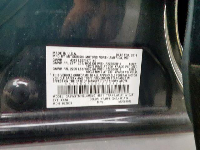 4A4AR3AU6EE024836 - 2014 MITSUBISHI OUTLANDER BLACK photo 10