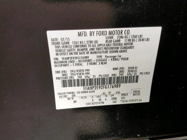 1FAHP2E92FG176989 - 2015 FORD TAURUS SEL BLACK photo 10