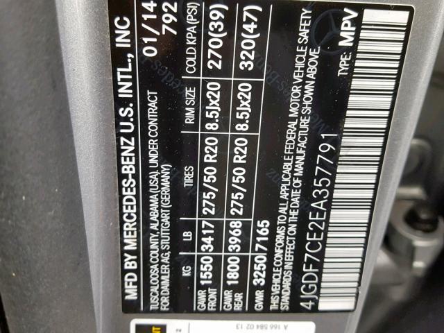 4JGDF7CE2EA357791 - 2014 MERCEDES-BENZ GL 450 4MA GRAY photo 10