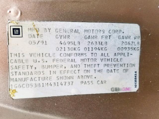 1G6CD53B1M4314737 - 1991 CADILLAC DEVILLE GOLD photo 10