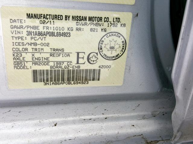 3N1AB6AP0BL694923 - 2011 NISSAN SENTRA 2.0 SILVER photo 10