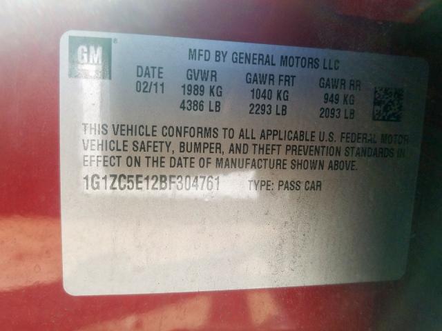 1G1ZC5E12BF304761 - 2011 CHEVROLET MALIBU 1LT RED photo 10