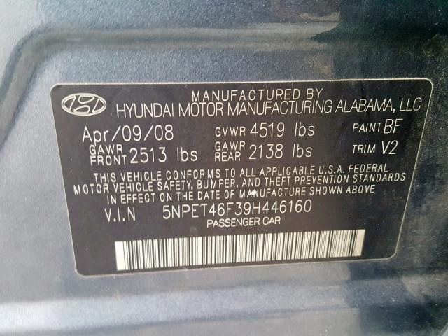 5NPET46F39H446160 - 2009 HYUNDAI SONATA GLS  photo 10