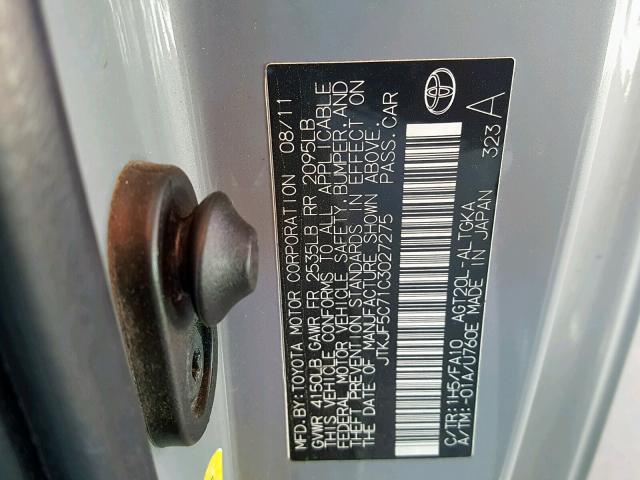 JTKJF5C71C3027275 - 2012 TOYOTA SCION TC GRAY photo 10