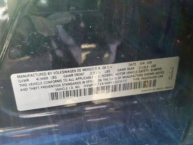 3VWRA71K98M162972 - 2008 VOLKSWAGEN JETTA WOLF BLACK photo 10