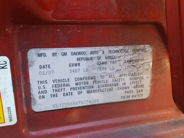 KL1TD56667B158360 - 2007 CHEVROLET AVEO BASE Қызыл фото 10