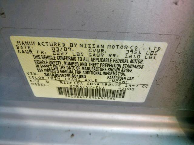 3N1AB61E29L651080 - 2009 NISSAN SENTRA 2.0 SILVER photo 10