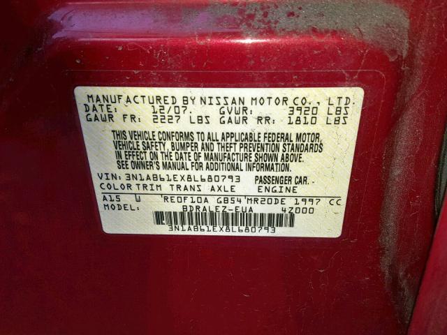 3N1AB61EX8L680793 - 2008 NISSAN SENTRA 2.0 MAROON photo 10