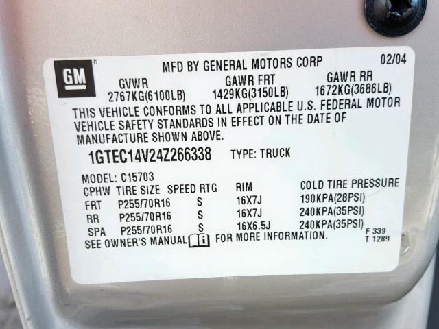 1GTEC14V24Z266338 - 2004 GMC NEW SIERRA SILVER photo 10