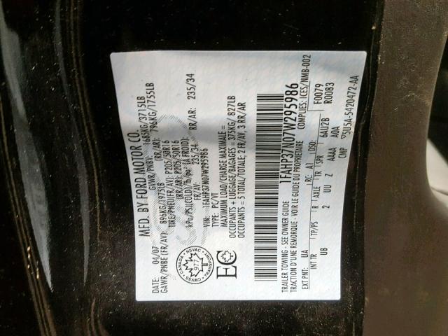 1FAHP37N07W295986 - 2007 FORD FOCUS ZX5 BLACK photo 10