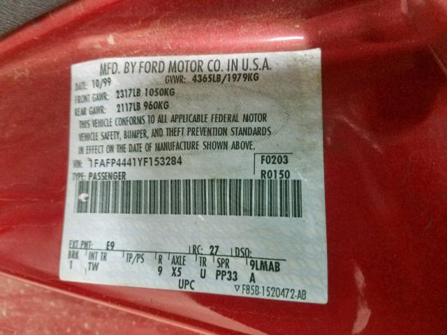 1FAFP4441YF153284 - 2000 FORD MUSTANG RED photo 10