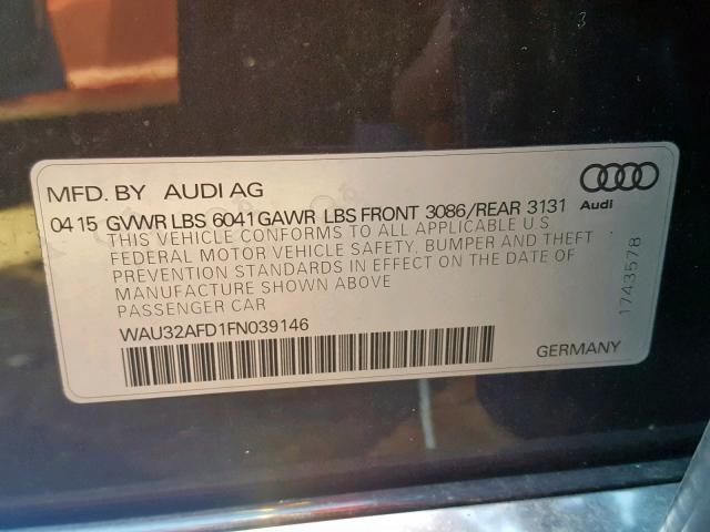 WAU32AFD1FN039146 - 2015 AUDI A8 L QUATT GRAY photo 10