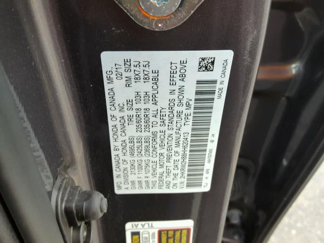 2HKRW2H88HH620413 - 2017 HONDA CR-V EXL GRAY photo 10