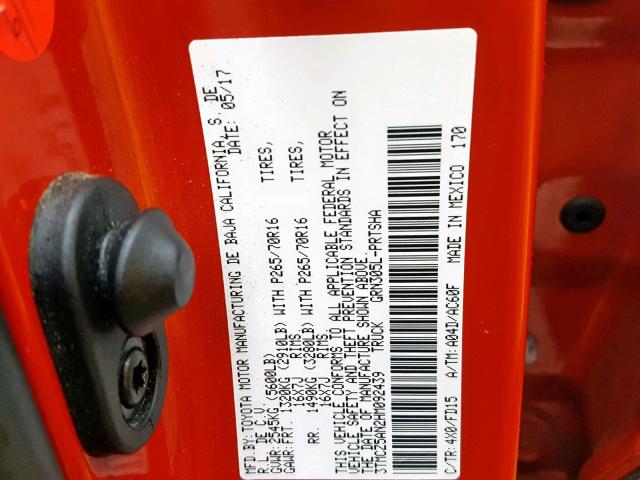 3TMCZ5AN2HM092439 - 2017 TOYOTA TACOMA DOU ნარინჯისფერი ფოტო 10