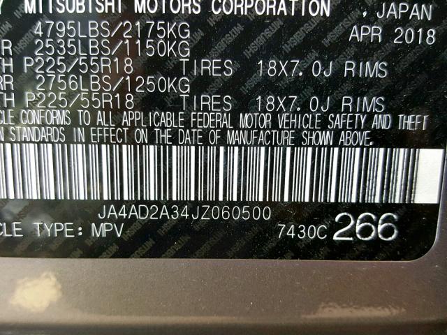 JA4AD2A34JZ060500 - 2018 MITSUBISHI OUTLANDER GRAY photo 10