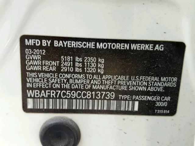 WBAFR7C59CC813739 - 2012 BMW 535 I WHITE photo 10