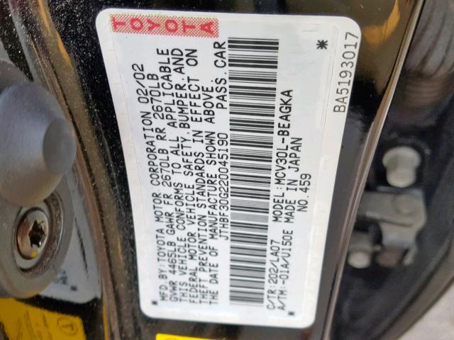 JTHBF30G220045190 - 2002 LEXUS ES 300 BLACK photo 10