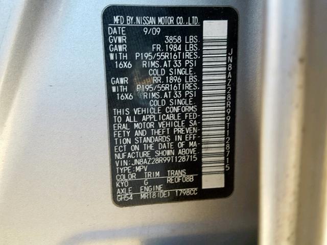 JN8AZ28R99T128715 - 2009 NISSAN CUBE BASE SILVER photo 10