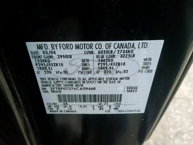 2FTRF07374CA59468 - 2004 FORD F150 SVT L BLACK photo 10