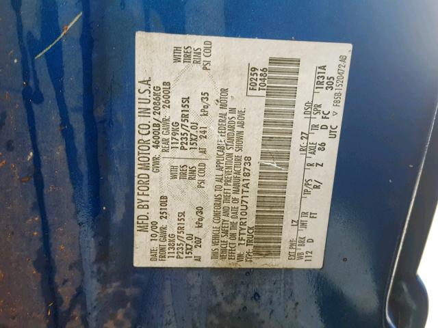 1FTYR10U71TA18738 - 2001 FORD RANGER BLUE photo 10