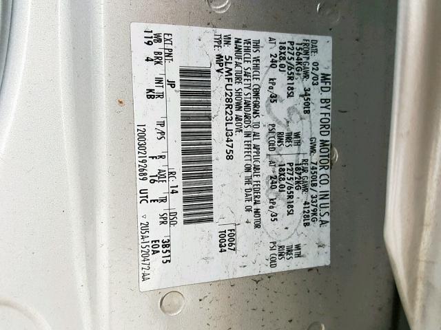 5LMFU28R23LJ34758 - 2003 LINCOLN NAVIGATOR ვერცხლისფერი ფოტო 10